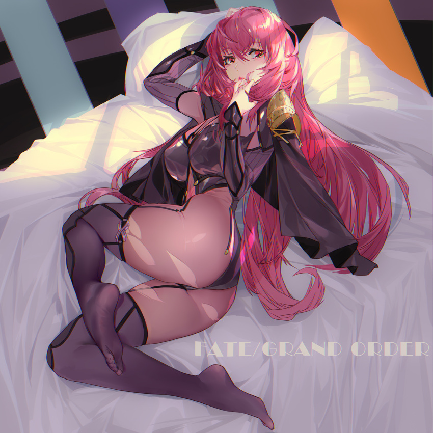 1girl ass black_legwear bodysuit fate/grand_order fate_(series) feet grandialee highres long_hair looking_at_viewer purple_hair scathach_(fate)_(all) scathach_(fate/grand_order) solo thigh-highs very_long_hair violet_eyes