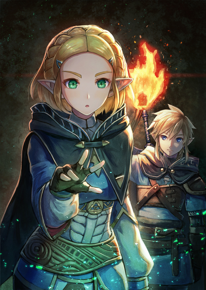 1boy 1girl arm_at_side armor bangs belt belt_buckle black_gloves blonde_hair blue_eyes braid buckle cape closed_mouth commentary_request crown_braid earrings fingerless_gloves fire gloves green_eyes hair_ornament hairclip highres jewelry kuroi_susumu link long_sleeves open_mouth parted_bangs pointy_ears ponytail princess_zelda revision short_hair standing the_legend_of_zelda the_legend_of_zelda:_breath_of_the_wild the_legend_of_zelda:_breath_of_the_wild_2 thick_eyebrows torch upper_body upper_teeth