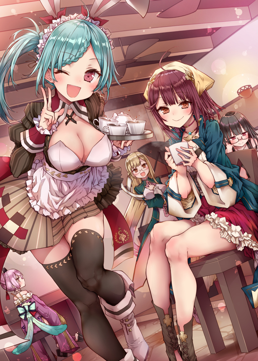 5girls ;d ahoge alt animal_ears apron atelier_(series) atelier_sophie black-framed_eyewear black_hair black_legwear blue_hair blush boots braid breasts brown_eyes brown_footwear brown_hair ceiling_fan chair closed_mouth collarbone commentary_request cornelia_(atelier) cup dutch_angle elise_phulie eyebrows_visible_through_hair fingernails frilled_apron frills glasses head_scarf head_tilt highres indoors instrument japanese_clothes kimono large_breasts leaning_forward long_hair looking_at_viewer maid_headdress monika_ellmenreich multiple_girls one_eye_closed open_mouth piano pink_hair profile rabbit_ears rimless_eyewear short_hair side_ponytail sitting skirt smile sophie_neuenmuller standing stool striped striped_skirt teacup teapot tess_heitzmann thigh-highs tray v very_long_hair waist_apron waitress white_apron