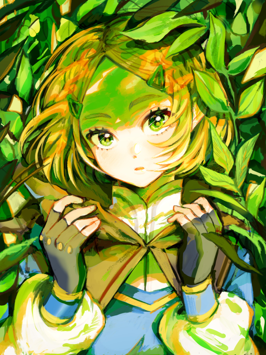 1girl 43_pon bangs black_gloves blonde_hair braid cape crown_braid fingerless_gloves gloves green_eyes hair_ornament hairclip hands_up highres leaf open_mouth parted_bangs plant princess_zelda short_hair solo the_legend_of_zelda the_legend_of_zelda:_breath_of_the_wild the_legend_of_zelda:_breath_of_the_wild_2 thick_eyebrows