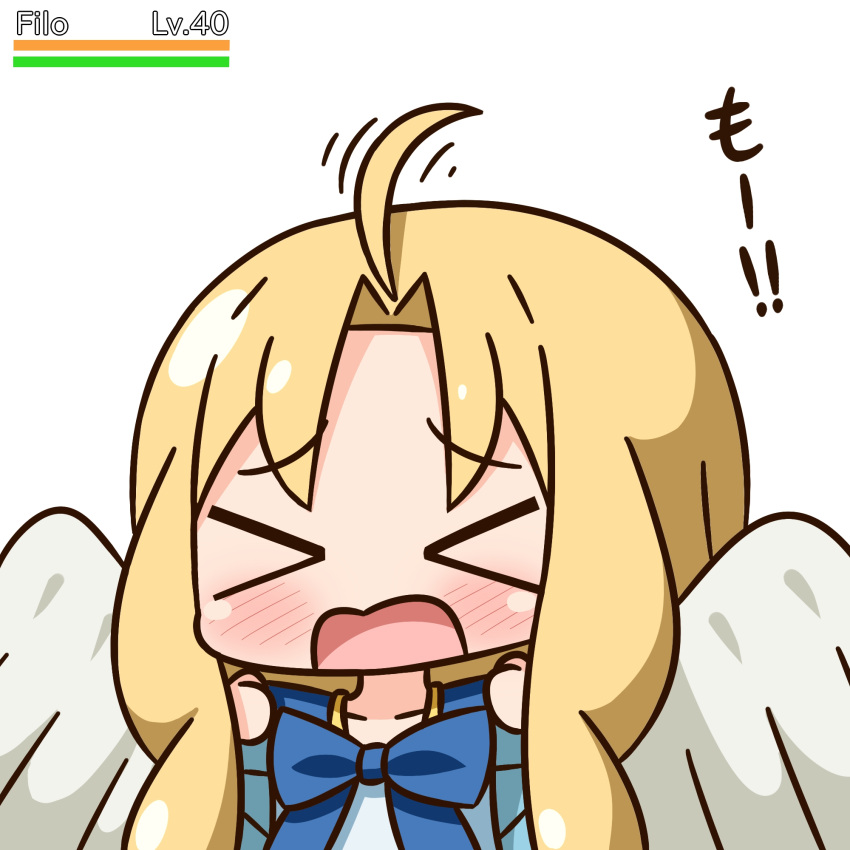 &gt;_&lt; 1girl ahoge ahoge_wag bangs blonde_hair blue_bow blue_dress blush bow character_name chibi closed_eyes collarbone commentary_request dress expressive_hair eyebrows_visible_through_hair facing_viewer feathered_wings firo_(tate_no_yuusha_no_nariagari) gameplay_mechanics hana_kazari hands_up health_bar highres long_hair open_mouth sidelocks simple_background solo tate_no_yuusha_no_nariagari translated upper_body white_background white_wings wings