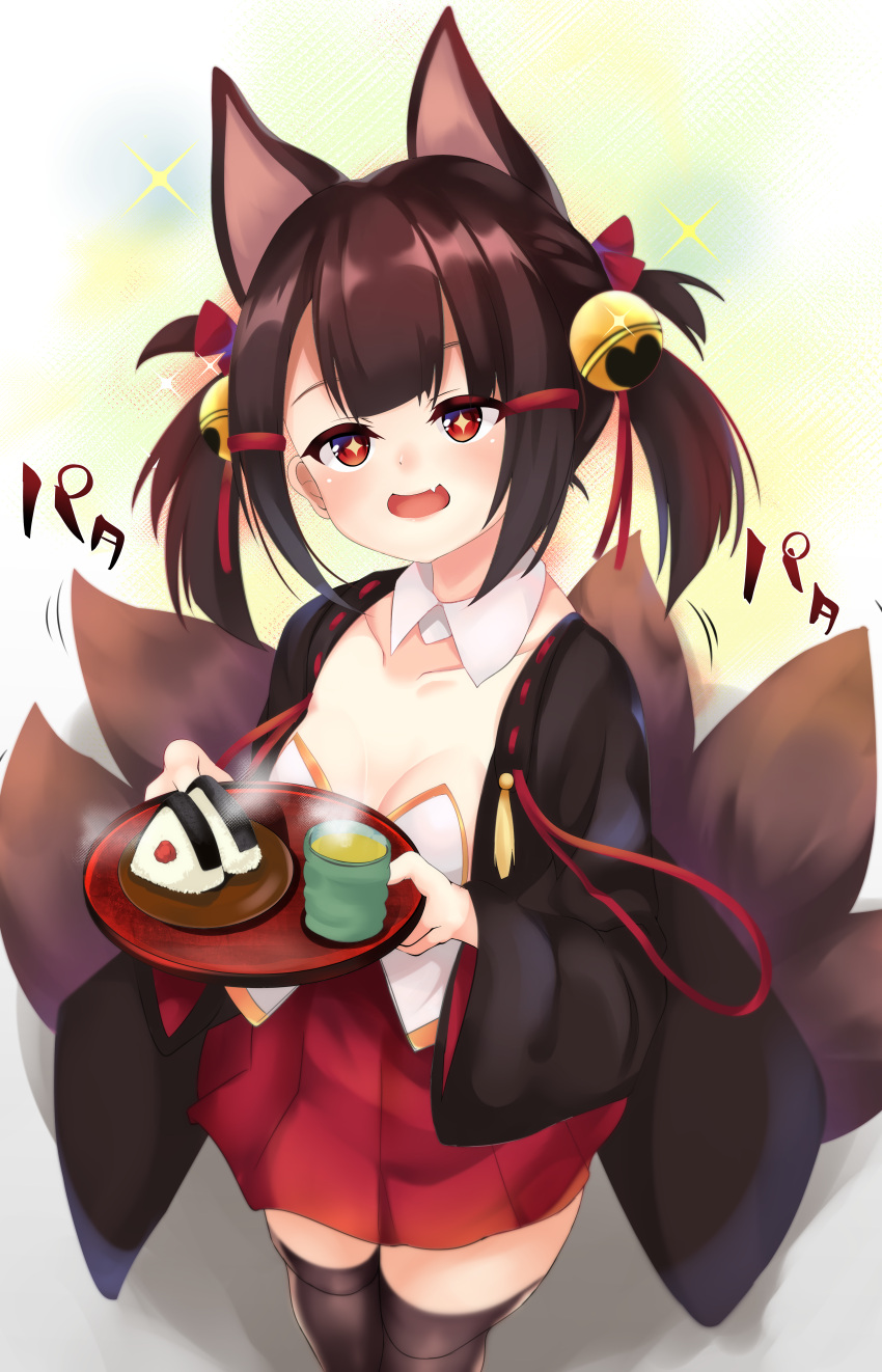 1girl :d absurdres akagi-chan_(azur_lane) animal_ears azur_lane bangs bell breasts brown_hair collarbone commentary_request cup detached_collar eyebrows_behind_hair fang food fox_ears fox_girl fox_tail green_tea hair_bell hair_ornament half-closed_eyes head_tilt highres holding holding_tray huge_filesize jingle_bell legs_together long_sleeves looking_at_viewer moneko1107 motion_lines onigiri open_mouth red_eyes smile solo standing steam tail tea tray wide_sleeves wing_collar younger yunomi