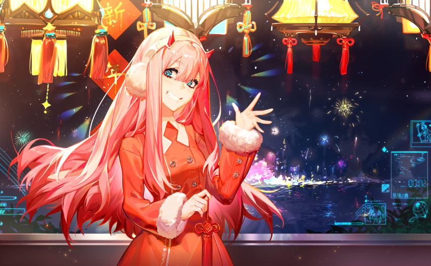 1girl bangs coat commentary cowboy_shot darling_in_the_franxx earmuffs eyebrows_visible_through_hair eyes_visible_through_hair fireworks green_eyes grin hair_between_eyes hairband hand_up highres holding holographic_interface horns long_hair long_sleeves looking_at_viewer night night_sky oni_horns pink_hair red_coat red_horns sky smile solo teeth uniform water waving white_hairband window yyb zero_two_(darling_in_the_franxx)