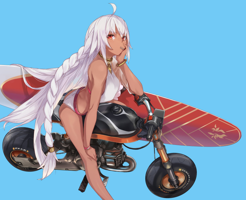 1girl absurdres ahoge ass bangs bare_legs bare_shoulders bikini bracelet braid breasts candy commentary_request dark_skin eyebrows_visible_through_hair fate/grand_order fate_(series) food full_body ground_vehicle hand_on_own_cheek highres jewelry lakshmibai_(fate/grand_order) lollipop long_hair looking_at_viewer medium_breasts motor_vehicle motorcycle ohland on_motorcycle red_eyes simple_background solo surfboard swimsuit tied_hair white_hair wristband