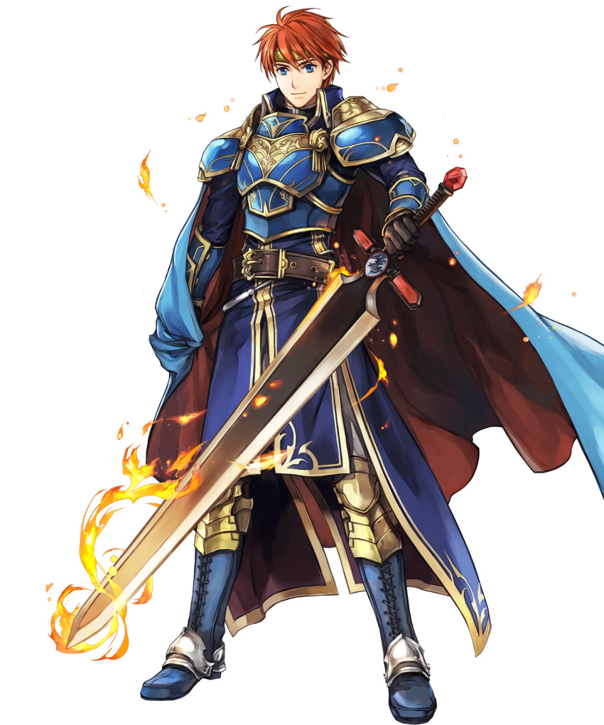 1boy arm_guards armor armored_boots bangs belt black_gloves blue_eyes boots cape eliwood_(fire_emblem) fire fire_emblem fire_emblem:_the_blazing_blade fire_emblem_heroes full_body gloves highres holding holding_cape holding_sword holding_weapon jewelry long_sleeves looking_at_viewer male_focus official_art pants redhead shiny shiny_hair short_hair shoulder_armor smile solo standing sword tiara transparent_background wada_sachiko weapon