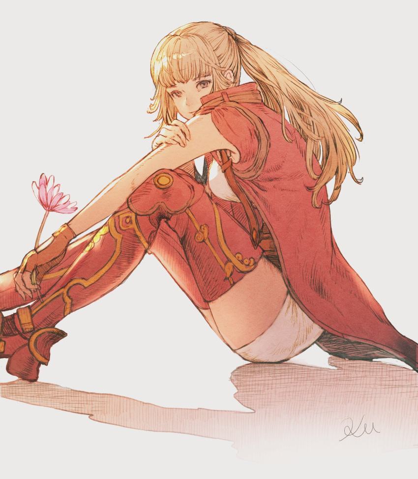 1girl armored_boots bangs blonde_hair blush boots breasts brown_gloves closed_mouth final_fantasy final_fantasy_xiv fingerless_gloves flower gloves hand_on_own_arm highres holding holding_flower kuroimori long_hair looking_at_viewer lyse_hext medium_breasts ponytail shadow shorts sitting sleeveless smile solo thigh-highs thigh_boots thighs white_shorts zettai_ryouiki