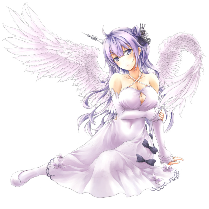 1girl ahoge amderxamder azur_lane bangs blush breasts covered_navel dress eyebrows_visible_through_hair feathered_wings hair_bun hair_ribbon head_tilt highres large_breasts long_hair looking_at_viewer older purple_hair ribbon shoes side_bun simple_background sitting solo thigh-highs unicorn_(azur_lane) very_long_hair violet_eyes white_background white_dress white_footwear white_legwear white_wings wings yokozuwari