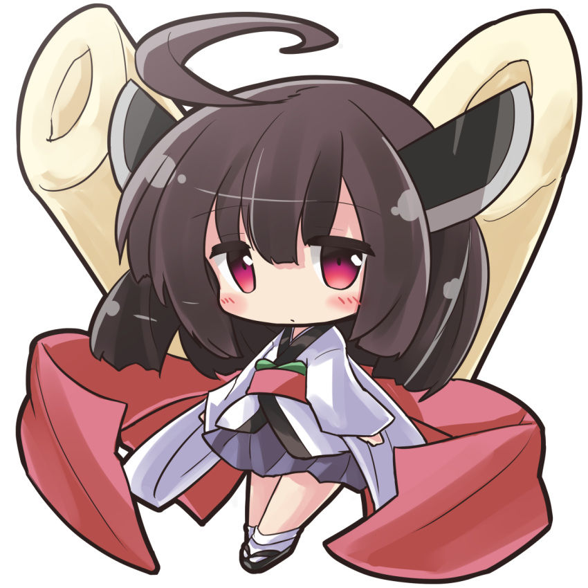 1girl ahoge bangs black_footwear blush brown_hair chibi closed_mouth commentary_request eyebrows_visible_through_hair full_body hair_between_eyes headgear highres japanese_clothes kimono long_sleeves obi pleated_skirt purple_skirt red_eyes ryogo sash simple_background skirt sleeves_past_wrists socks solo touhoku_kiritan voiceroid white_background white_kimono white_legwear wide_sleeves zouri