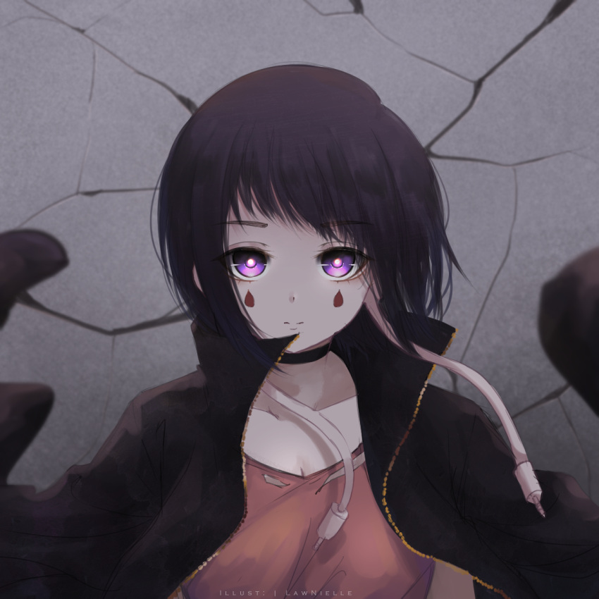 1girl artist_name bangs black_choker black_hair black_jacket boku_no_hero_academia brown_shirt choker closed_mouth collarbone commentary_request eyebrows_visible_through_hair facial_mark glowing glowing_eyes jacket jirou_kyouka lawnielle looking_at_viewer open_clothes open_jacket shirt short_hair signature solo stone_wall upper_body violet_eyes wall