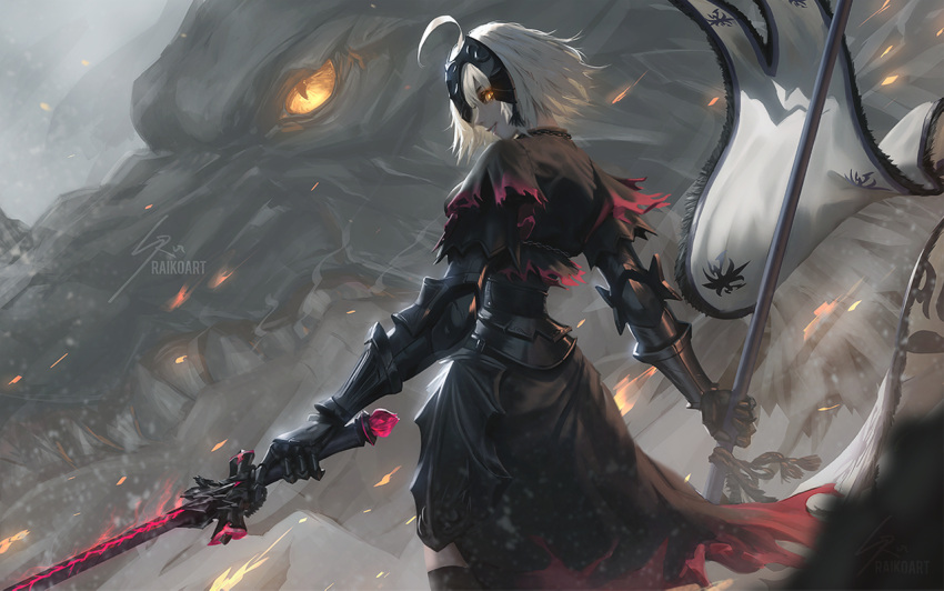 1girl ahoge armor armored_dress artist_name black_armor dragon embers fangs fate/grand_order fate_(series) flag glowing glowing_eyes glowing_weapon holding holding_weapon jeanne_d'arc_(alter)_(fate) jeanne_d'arc_(fate)_(all) looking_at_viewer looking_back raikoart short_hair smile smoke standing sword weapon yellow_eyes