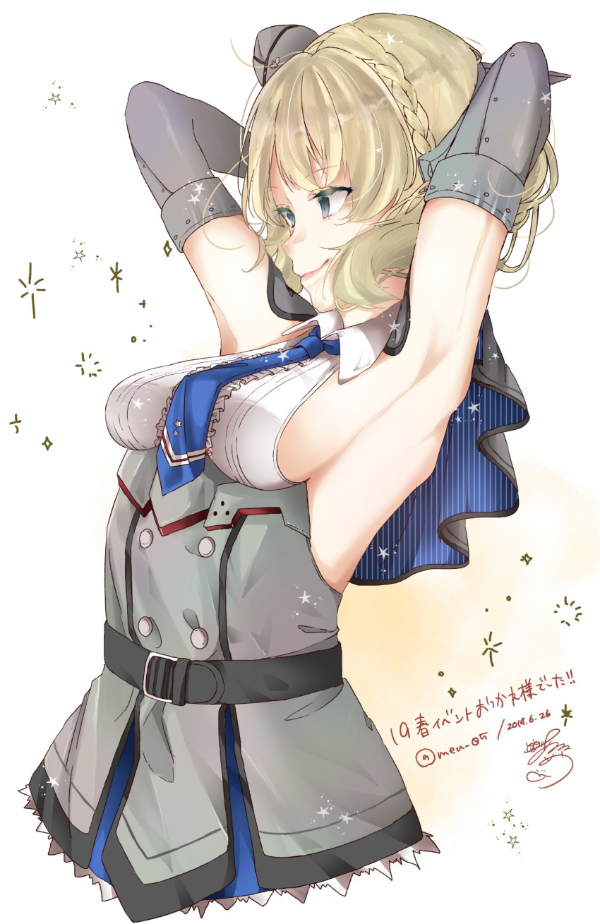 1girl armpits arms_behind_head blonde_hair blue_eyes blue_neckwear breasts capelet colorado_(kantai_collection) commentary_request dress elbow_gloves garrison_cap gloves grey_dress hat headgear highres kantai_collection lips medium_breasts meu_(meu_05) necktie pleated_dress profile shirt short_hair side_braids sideboob signature sleeveless smile solo sparkle_background translation_request twitter_username white_background white_shirt