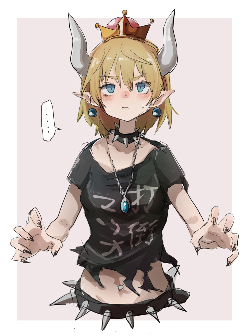 ... 1girl beige_background black_nails black_shirt blonde_hair blue_earrings blue_eyes bowsette claw_pose collar collarbone commentary_request earrings fingernails frown highres horns jewelry super_mario_bros. navel navel_piercing new_super_mario_bros._u_deluxe piercing pointy_ears punk sharp_fingernails shirt short_hair simple_background sketch solo speech_bubble spiked_belt spiked_collar spikes spoken_ellipsis super_crown sweatdrop t-shirt tabao torn_clothes torn_shirt upper_body