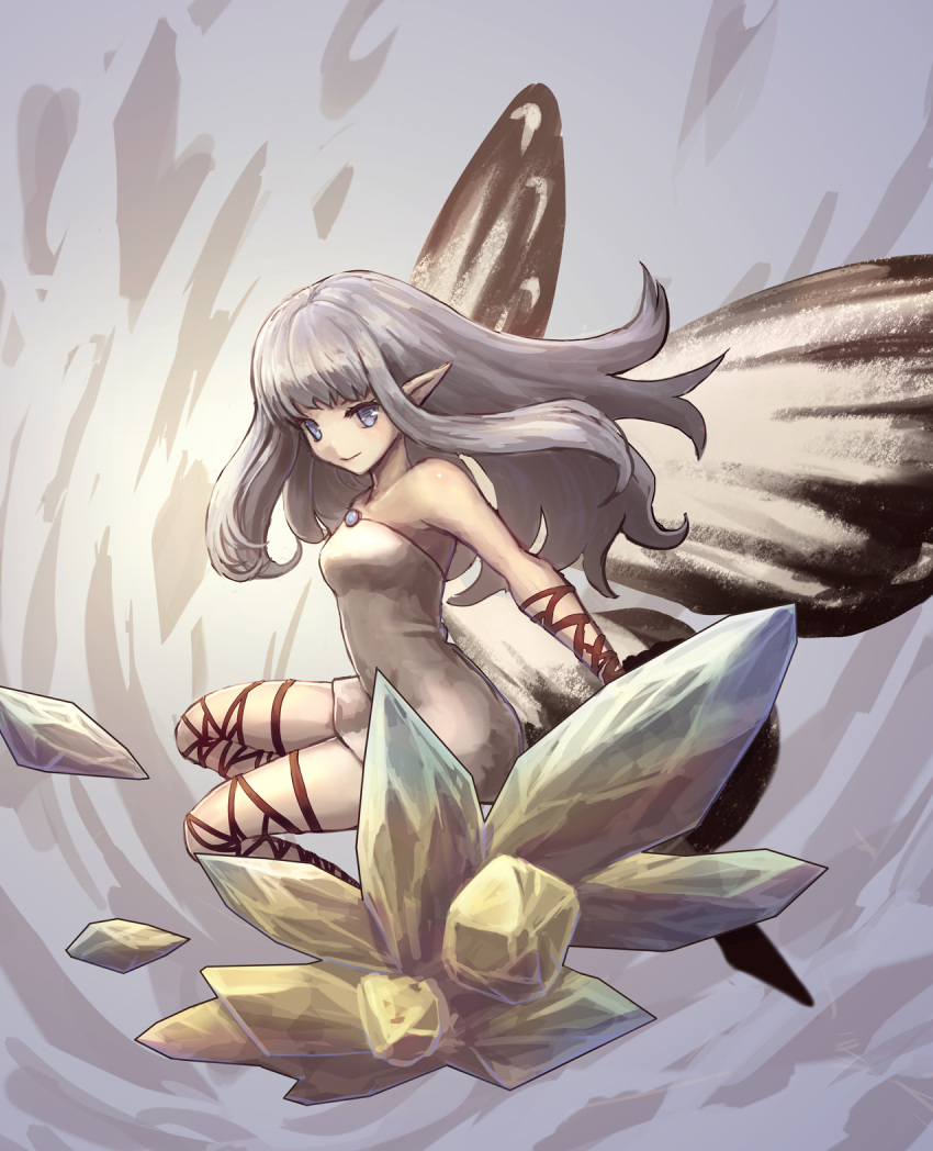 1girl aerie_(bravely_default) bare_shoulders bravely_default:_flying_fairy bravely_default_(series) butterfly_wings crystal dress fairy grey_eyes grey_hair highres kurage_(kurageru) long_hair pointy_ears short_dress smile solo strapless strapless_dress thigh_strap white_dress wings