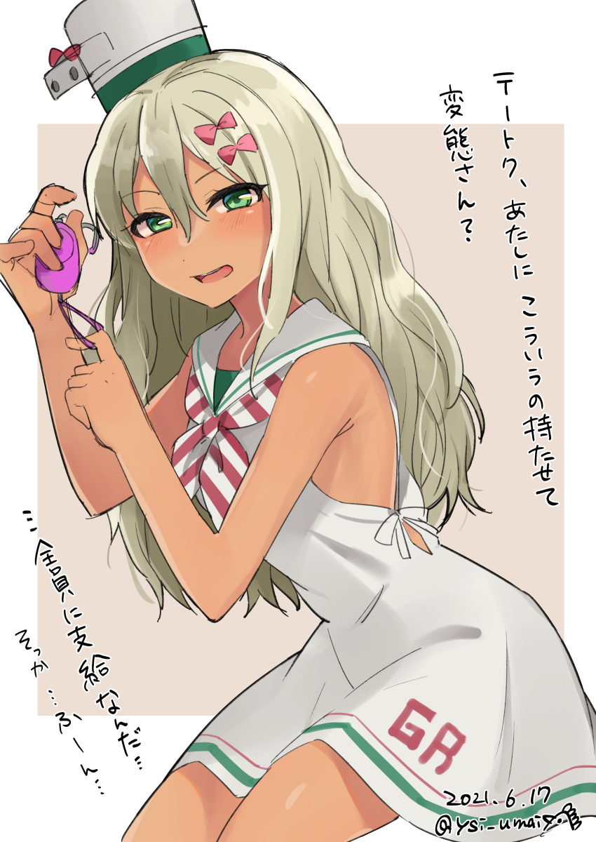 1girl absurdres blonde_hair border commentary_request cowboy_shot crime_prevention_buzzer dress grecale_(kancolle) green_eyes grey_background highres kantai_collection long_hair looking_at_viewer low-cut_armhole neckerchief one-hour_drawing_challenge ribbon sailor_collar sailor_dress side-tie_dress sleeveless sleeveless_dress solo striped striped_neckwear tan toriniku_senshi_chikinman translation_request two-tone_background wavy_hair white_border white_dress white_ribbon white_sailor_collar