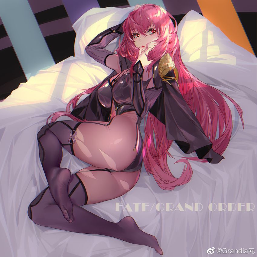 1girl arm_up ass bodysuit breasts closed_mouth copyright_name eyebrows_behind_hair fate/grand_order fate_(series) from_above full_body grandialee hair_between_eyes highres large_breasts lips long_hair lying on_bed on_side orange_eyes pauldrons pink_hair scathach_(fate)_(all) scathach_(fate/grand_order) solo weibo_username