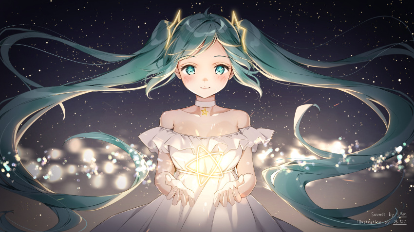 1girl absurdres bangs bare_shoulders blush choker closed_mouth collarbone commentary dress eyebrows_visible_through_hair fingernails floating_hair glowing green_eyes green_hair hair_ornament hatsune_miku highres long_hair off-shoulder_dress off_shoulder shiratama_akane sidelocks signature smile solo star twintails very_long_hair vocaloid white_choker white_dress