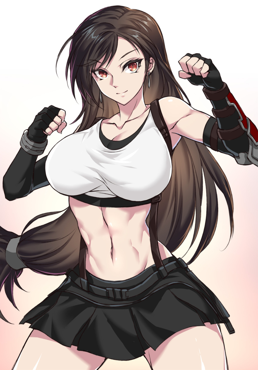 1girl abs bare_shoulders brown_hair earrings eyebrows_visible_through_hair final_fantasy final_fantasy_vii final_fantasy_vii_remake fingerless_gloves gloves highres jewelry long_hair looking_at_viewer miniskirt nasaniliu red_eyes skirt smile solo tifa_lockhart very_long_hair white_tank_top