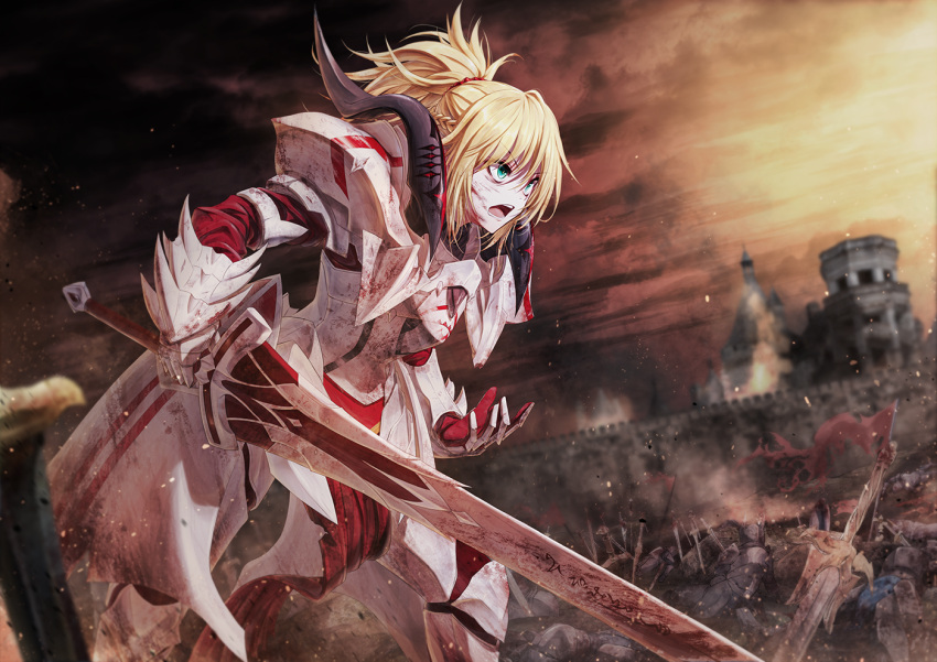 1girl armor bae.c bangs blonde_hair blood blood_on_face blurry blurry_background blurry_foreground breastplate building clarent clouds cloudy_sky commentary_request depth_of_field eyebrows_visible_through_hair fate/apocrypha fate_(series) full_armor gauntlets green_eyes hair_between_eyes hair_ornament hair_scrunchie high_ponytail holding holding_sword holding_weapon looking_away mordred_(fate) mordred_(fate)_(all) open_mouth planted_sword planted_weapon ponytail red_scrunchie scrunchie sky solo standing sword v-shaped_eyebrows wall weapon