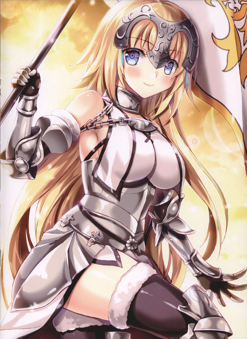 1girl absurdres armor armored_boots armored_dress banner black_legwear blonde_hair blue_eyes blush boots breasts breasts_apart chain day dress eyebrows_visible_through_hair fate/apocrypha fate_(series) floating_hair fukase_ayaka fur_trim gauntlets hair_ornament highres holding holding_weapon jeanne_d'arc_(fate) jeanne_d'arc_(fate)_(all) large_breasts leg_up long_hair looking_at_viewer outdoors scan shiny shiny_skin sideboob sleeveless sleeveless_dress smile solo thigh-highs very_long_hair weapon white_dress