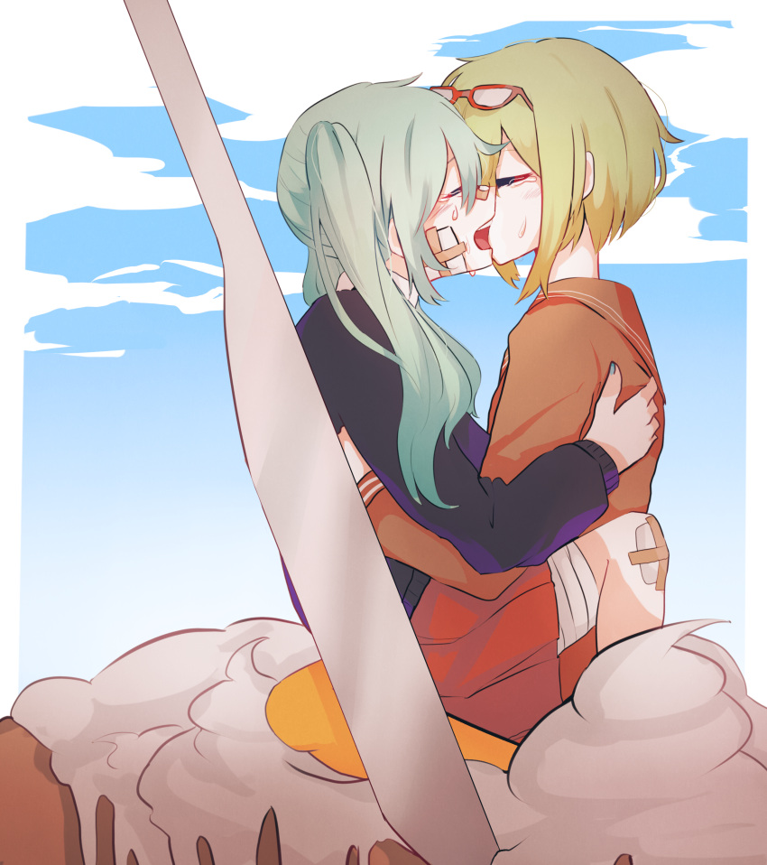 absurdres aqua_hair arm_around_back bandage_on_face bandaged_knees bandages blue_sky clouds cloudy_sky commentary cream crying eyewear_on_head fork glasses gomiyama green_hair gumi hand_on_back hatsune_miku highres hug jacket long_hair orange_legwear oversized_food oversized_object red_skirt rolling_girl_(vocaloid) school_uniform short_hair short_hair_with_long_locks sidelocks sitting skirt sky songover tears twintails vocaloid yowamushi_mont-blanc_(vocaloid) yuri