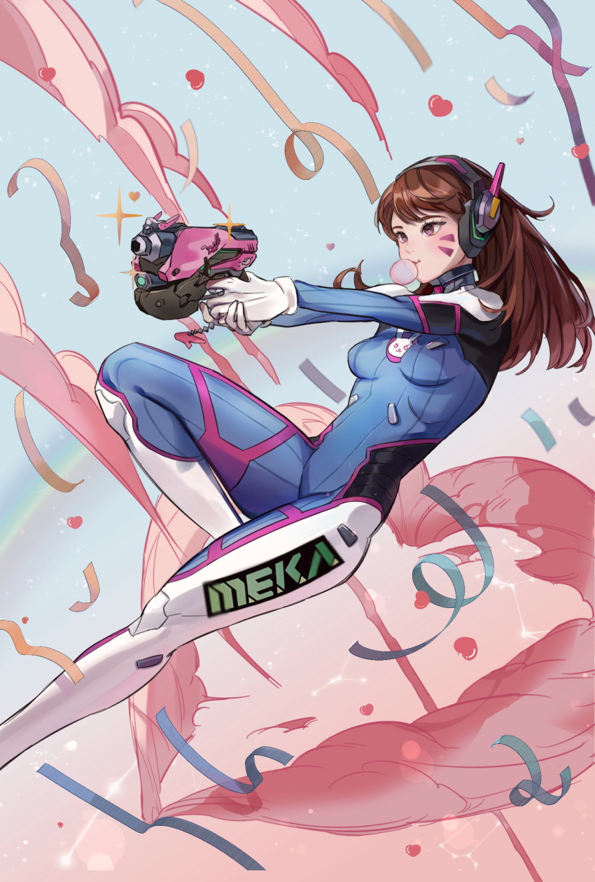 1girl aiming animal_print bangs blue_bodysuit blue_sky bodysuit bracer breasts brown_eyes brown_hair bubble_blowing bunny_print chewing_gum clothes_writing confetti cowboy_shot d.va_(overwatch) day facepaint facial_mark finger_on_trigger gloves gozzi gun handgun headphones heart high_collar highres holding holding_gun holding_weapon leg_up long_hair looking_away medium_breasts outdoors overwatch pilot_suit pistol rainbow ribbed_bodysuit ribbon shoulder_pads skin_tight sky smoke solo sparkle swept_bangs weapon whisker_markings white_gloves