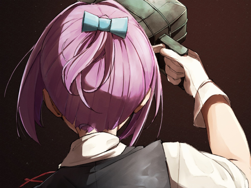 1girl adapted_turret aqua_eyes black_vest brown_background commentary_request dress_shirt from_behind gloves highres kantai_collection kumanoko looking_away pink_hair ponytail school_uniform shiranui_(kantai_collection) shirt short_hair short_ponytail short_sleeves solo vest white_gloves white_shirt