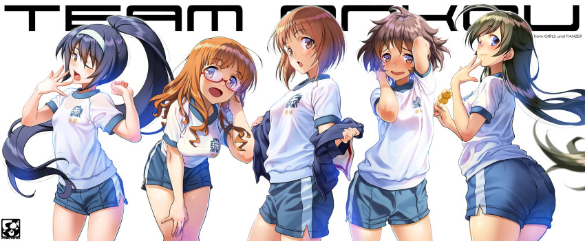 5girls akiyama_yukari alternate_costume alternate_hairstyle bangs black_hair blue_shorts brown_eyes brown_hair dango eyebrows_visible_through_hair food girls_und_panzer glasses gym_uniform hairband highres isuzu_hana long_hair looking_at_viewer messy_hair multiple_girls nishizumi_miho open_mouth pairan ponytail red-framed_eyewear reizei_mako semi-rimless_eyewear short_hair short_sleeves shorts simple_background takebe_saori under-rim_eyewear wagashi white_background white_hairband