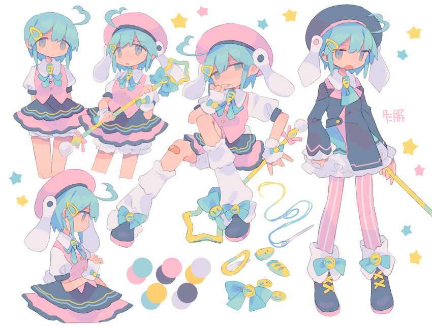 1girl :o ahoge animal_ears arm_at_side arms_behind_back bandaid bandaid_on_leg bangs beret black_footwear blue_bow blue_eyes blue_hair blue_neckwear blue_ribbon blush bow bunny_tail buttons carrot color_guide cropped_legs cross-laced_footwear d: daizu_(melon-lemon) embarrassed expressionless fang fingerless_gloves from_side furrowed_eyebrows gloves gradient_eyes hair_between_eyes hair_ornament hairclip half-closed_eyes hand_up hat highres holding long_sleeves looking_at_viewer magical_girl multicolored multicolored_eyes multiple_views needle no_nose open_mouth original pink_headwear pink_legwear profile puffy_short_sleeves puffy_sleeves rabbit_ears ribbon sewing_needle short_hair short_sleeves sidelocks simple_background standing star striped striped_legwear sweat tail tareme thigh_gap thread v-shaped_eyebrows vertical-striped_legwear vertical_stripes vest white_background white_gloves white_legwear