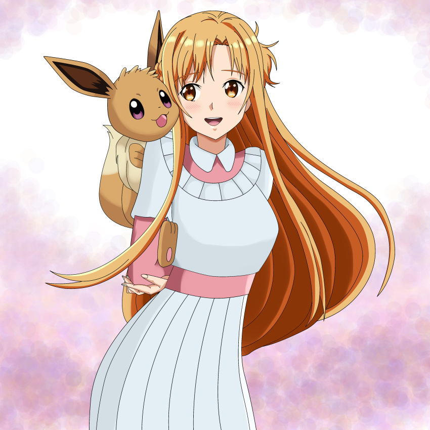 1girl 1other a-1_pictures arms_behind_back ascii_media_works asuna_(sao) blush brown_eyes brown_hair closed_eyes creatures_(company) cute deviantart dress eevee evolution_(specie) game_freak happy hazel_eyes long_hair nintendo olm_digital open_mouth piggyback pink_dress pokemon pokemon_(anime) sincity2100 sword_art_online tokyo_mx tv_tokyo white_dress yuuki_asuna