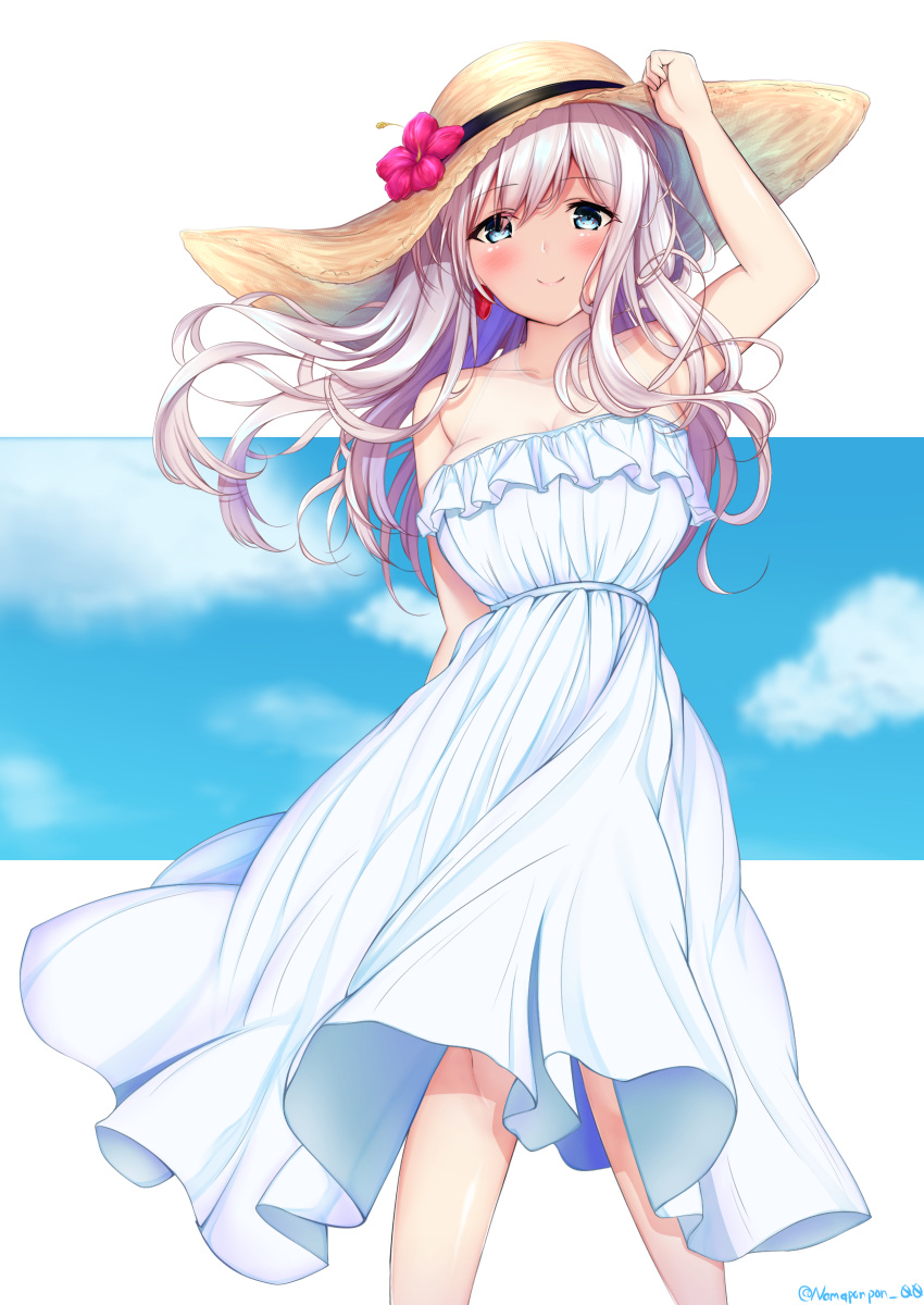 1girl absurdres alternate_costume alternate_hairstyle bare_shoulders blue_eyes dress earrings fate/grand_order fate_(series) flower hair_down hand_on_headwear hat hat_flower highres jewelry long_hair miyamoto_musashi_(fate/grand_order) namaponpon_00 pink_hair sleeveless sleeveless_dress straw_hat sun_hat sundress white_dress