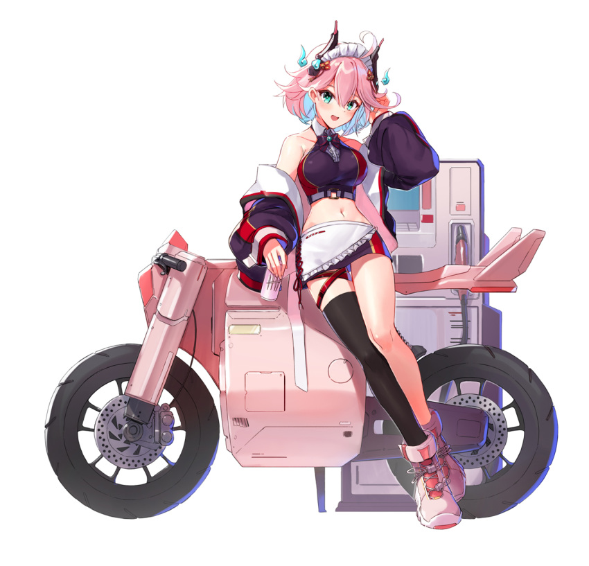 1girl ahoge apron aqua_eyes bare_shoulders black_jacket black_legwear black_skirt blue_hair breasts can collarbone crop_top full_body ground_vehicle hand_up highres holding holding_can horns jacket large_breasts long_sleeves looking_at_viewer maid_apron maid_headdress midriff miniskirt motor_vehicle motorcycle multicolored_hair navel off_shoulder open_clothes open_jacket original pink_hair ranyu shoes short_hair simple_background single_thighhigh skirt sleeveless sneakers solo stomach thigh-highs two-tone_hair waist_apron white_background