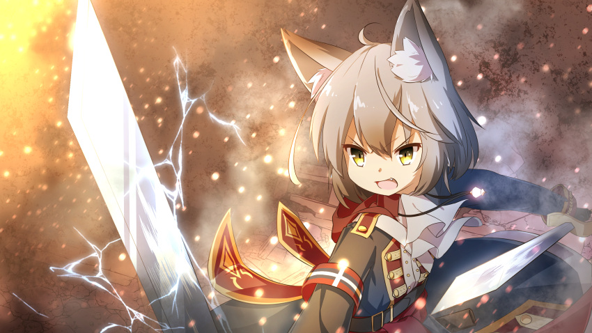 1girl :d animal_ear_fluff animal_ears anime_coloring ascot bangs belt belt_buckle black_belt black_coat buckle burning coreytaiyo electricity eyebrows_visible_through_hair fang fire grey_hair hair_between_eyes highres holding holding_sword holding_weapon jewelry long_sleeves looking_away military military_uniform open_mouth original pendant smile solo sword textless uniform v-shaped_eyebrows weapon white_neckwear yellow_eyes