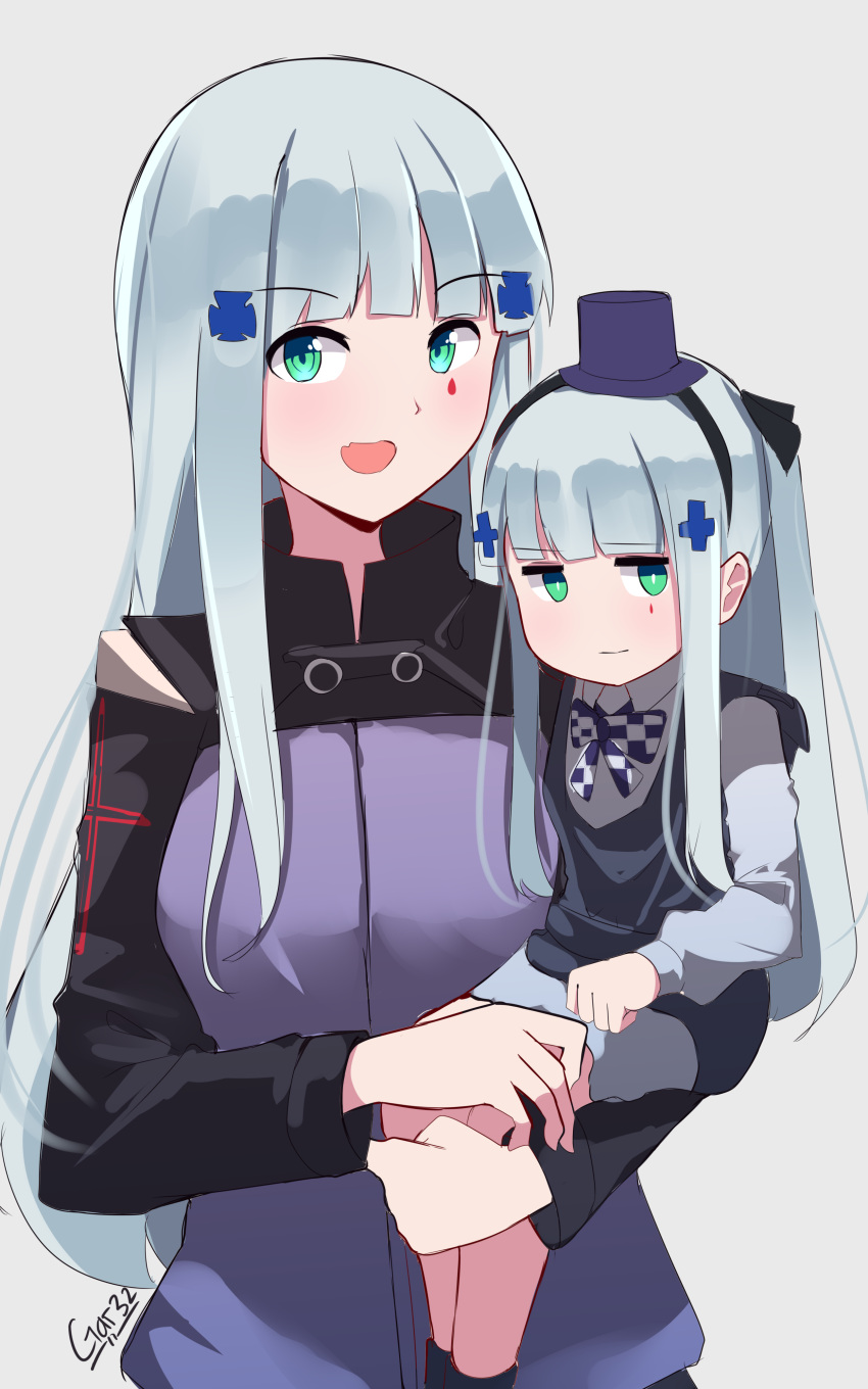 2girls :d absurdres bangs black_hairband black_legwear black_ribbon blue_shirt blue_skirt blunt_bangs blush breasts closed_mouth commentary eyebrows_visible_through_hair facial_mark girls_frontline green_eyes grey_background hair_ornament hair_ribbon hairband hat highres hk416_(girls_frontline) jacket long_hair long_sleeves mini_hat multiple_girls open_mouth purple_headwear purple_jacket ribbon shirt signature silver_hair simple_background sitting_on_arm skirt small_breasts smile socks tegar32 time_paradox upper_body very_long_hair