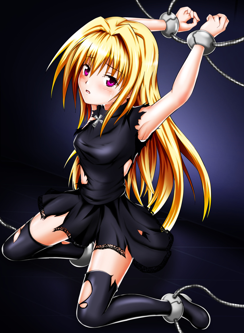 1girl absurdres armpits arms_up black_legwear black_shirt black_skirt blonde_hair blush breasts eyebrows_visible_through_hair floating_hair gobby_ekaki hair_between_eyes hair_intakes highres konjiki_no_yami long_hair looking_at_viewer miniskirt open_mouth pleated_skirt restrained shirt skirt sleeveless sleeveless_shirt small_breasts solo tears thigh-highs to_love-ru torn_clothes torn_legwear torn_shirt torn_skirt very_long_hair violet_eyes zettai_ryouiki