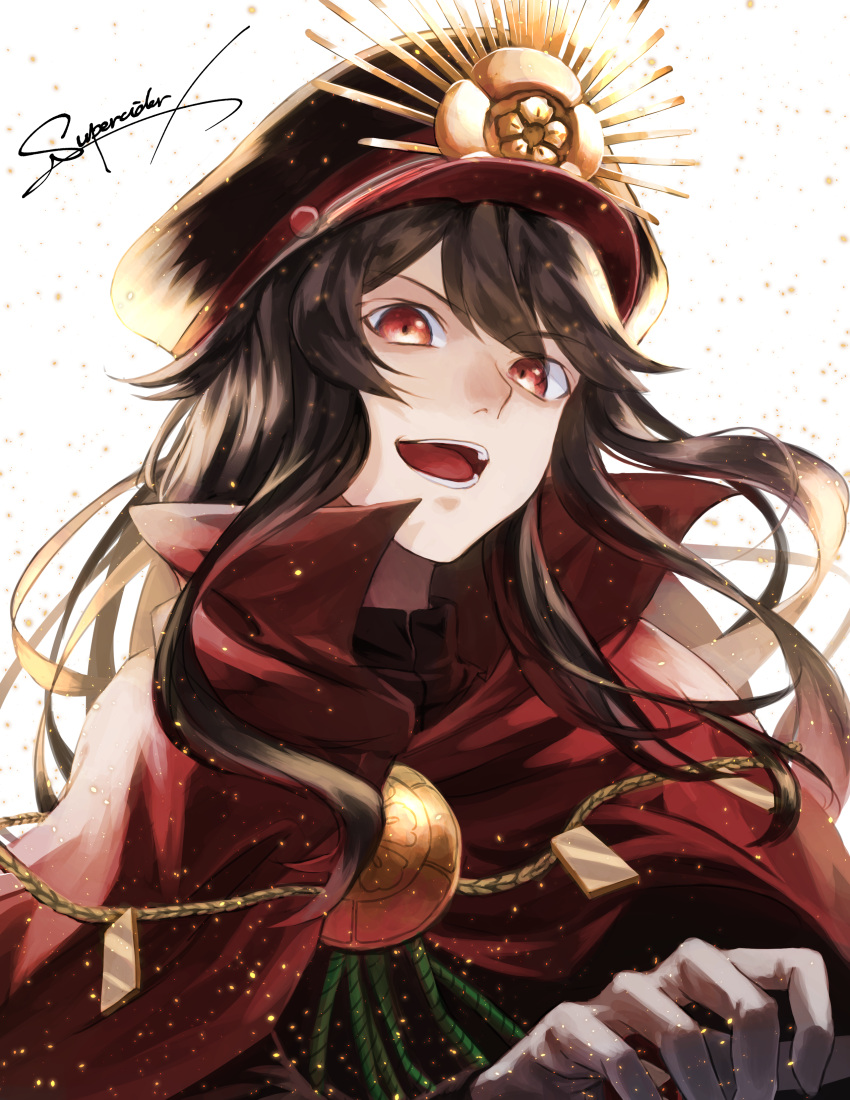 1girl absurdres black_hair brooch cape fate/grand_order fate_(series) gloves hat highres jewelry long_hair military_hat oda_nobunaga_(fate) red_eyes signature w-moz9-w white_gloves