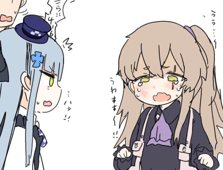 2girls bangs black_dress blush brown_hair bruise_on_face commander_(girls_frontline) crossed_bangs crying crying_with_eyes_open dress girls_frontline green_eyes hair_ornament hat hk416_(girls_frontline) multiple_girls necktie open_mouth purple_neckwear ro_(aahnn) scar scar_across_eye side_ponytail simple_background tears ump45_(girls_frontline) wavy_mouth younger