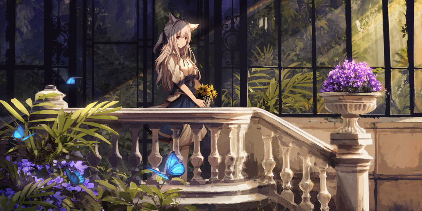 1girl animal_ears bow bug butterfly carrying cat_ears commentary corset dark fantasy flower garden hair_bow hair_ribbon highres insect long_hair looking_at_viewer looking_to_the_side nature neck_ribbon original plant potted_plant railing red_eyes ribbon sagiri_(ulpha220) scenery short_ponytail skirt smile solo sunlight sunset white_hair window