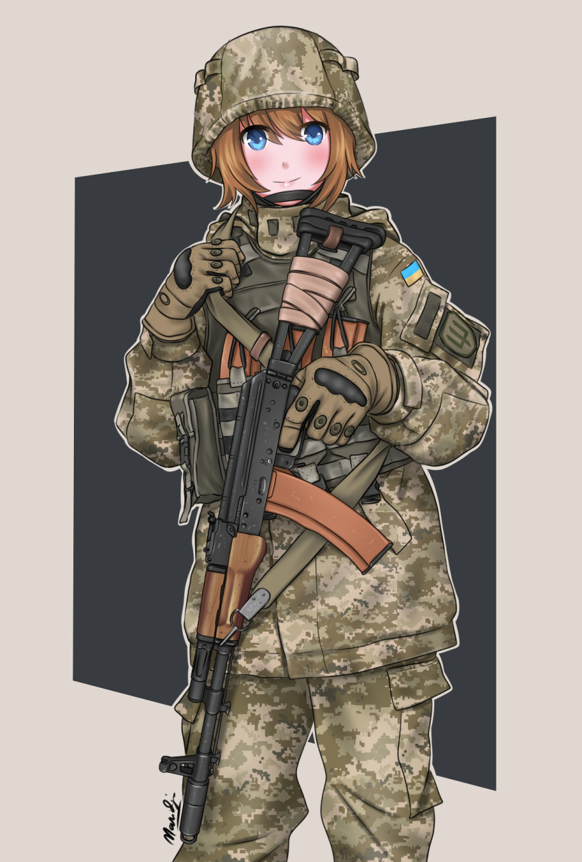 1girl ak-74 assault_rifle blue_eyes blush brown_hair digital_camouflage gloves gun helmet highres load_bearing_vest looking_at_viewer medium_hair military military_uniform millimeter original rifle signature sling smile soldier solo ukraine ukrainian_flag uniform weapon