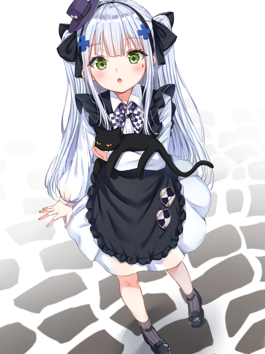 1girl :o absurdres animal ankle_socks apron black_apron black_bow black_cat black_footwear black_hairband blush bow brown_legwear cat collared_shirt commentary dress_shirt facial_mark frilled_apron frills girls_frontline hair_bow hair_ornament hairband hat highres hk416_(girls_frontline) long_hair long_sleeves looking_at_viewer mini_hat parted_lips pleated_skirt puffy_long_sleeves puffy_sleeves purple_headwear ribbed_legwear shirt shoes silver_hair skirt solo tilted_headwear two_side_up very_long_hair white_background white_shirt white_skirt xue_lu