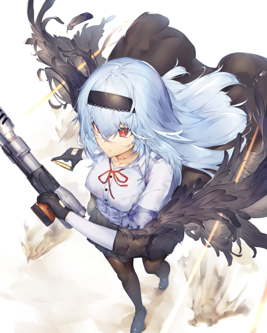 1girl bangs black_footwear black_gloves black_hairband black_legwear blue_hair bow breasts bullet closed_mouth collared_shirt commentary dabuki eyebrows_visible_through_hair full_body girls_frontline gloves gun hair_between_eyes hairband highres holding holding_bullet holding_gun holding_weapon long_hair long_sleeves looking_away neck_ribbon neck_scar pantyhose red_bow red_eyes red_ribbon ribbon scar shirt shoes simple_background skirt solo thunder_(girls_frontline) walking weapon