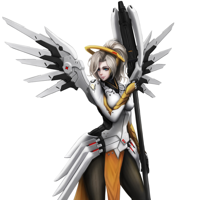 1girl armor blonde_hair blue_eyes bodysuit breasts brown_legwear cowboy_shot cyborg emblem eyelashes faulds high_ponytail highres holding holding_staff lips looking_to_the_side mechanical_halo mechanical_wings medium_breasts medium_hair mercy_(overwatch) mr4891102 nose overwatch pantyhose pelvic_curtain pink_lips simple_background smile solo spread_wings staff swiss_flag white_background white_bodysuit wings