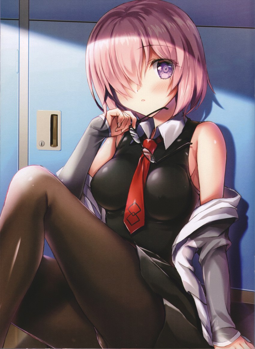 1girl absurdres bare_shoulders black-framed_eyewear black_dress black_legwear breasts dress eyewear_removed fate/grand_order fate_(series) fukase_ayaka glasses hair_over_one_eye highres holding holding_eyewear jacket looking_at_viewer mash_kyrielight medium_breasts necktie open_mouth pantyhose purple_hair scan short_hair sitting sleeveless sleeveless_dress solo violet_eyes