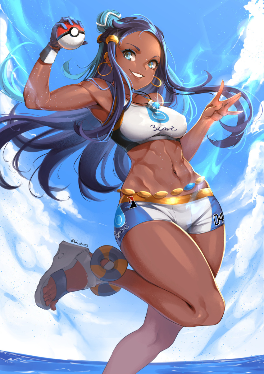 1girl abs armpits blue_eyes blue_skirt breasts clouds dark_skin earrings feet gloves highres hoop_earrings jewelry long_hair lulu-chan92 medium_breasts navel poke_ball pokemon rurina_(pokemon) sandals short_hair sidelocks skirt smile solo sports_bra toes toned twitter_username water