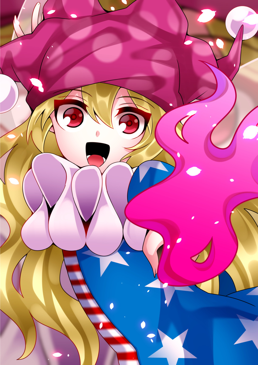1girl :d absurdres american_flag_shirt blonde_hair clownpiece eyebrows_visible_through_hair fire gradient gradient_background hair_between_eyes hat highres jester_cap long_hair long_sleeves looking_at_viewer neck_ruff open_mouth petals polka_dot_hat red_eyes shiny shiny_hair smile solo standing torch touhou upper_body very_long_hair white_neckwear yuka_yukiusa