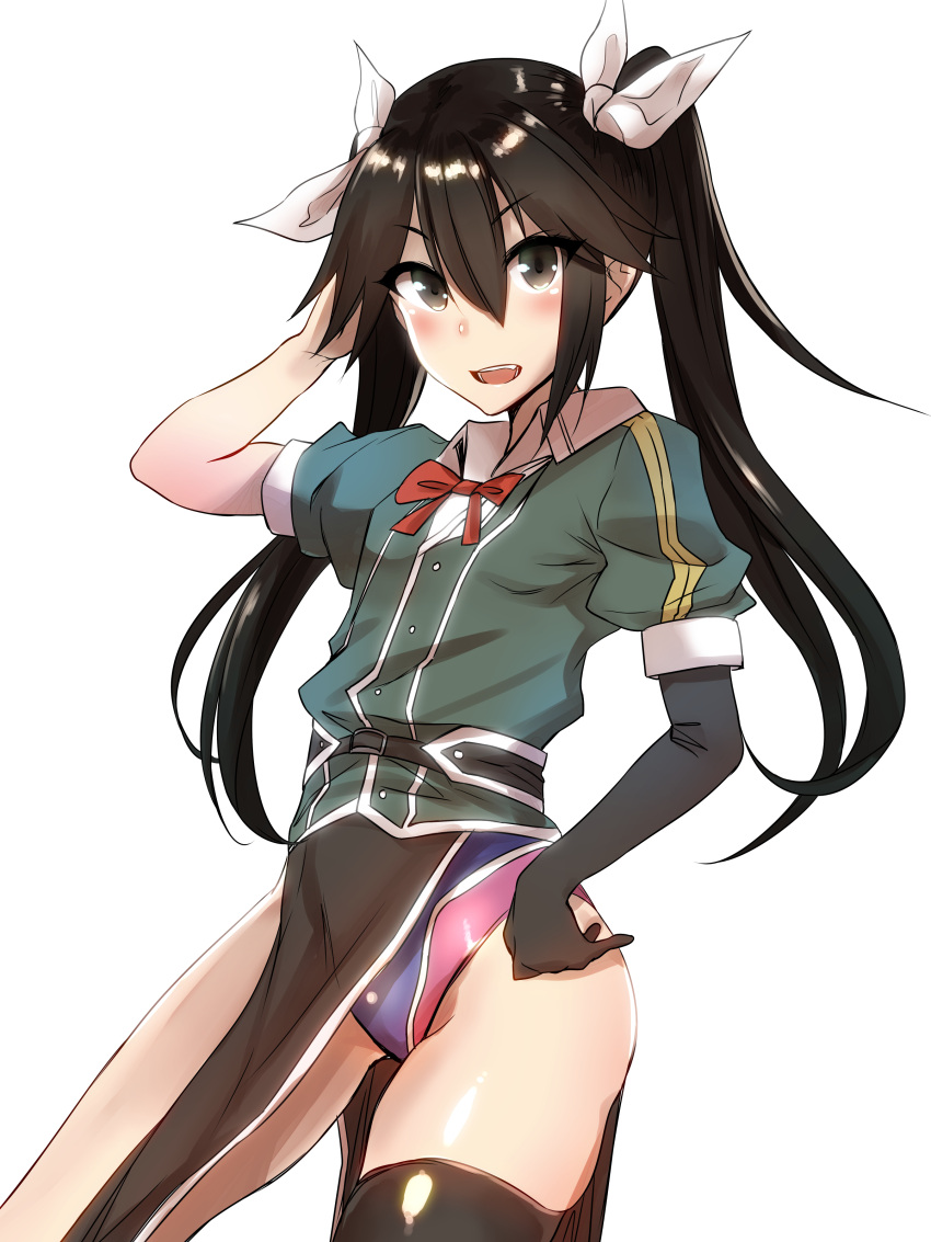 1girl absurdres asymmetrical_legwear brown_eyes brown_hair commentary_request competition_swimsuit cowboy_shot elbow_gloves eureka_(eureka-0075) gloves hair_between_eyes hair_ribbon highres jacket kantai_collection long_hair one-piece_swimsuit pelvic_curtain remodel_(kantai_collection) ribbon simple_background single_elbow_glove single_glove single_thighhigh solo swimsuit swimsuit_under_clothes thigh-highs tone_(kantai_collection) twintails white_background white_ribbon