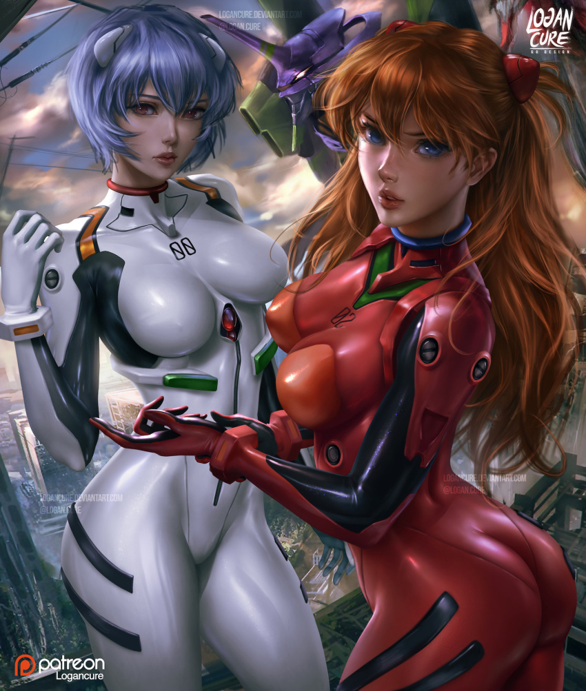 2girls ass ayanami_rei blue_eyes blue_hair bodysuit eva_01 from_behind highres lips logan_cure looking_at_viewer looking_back multiple_girls neon_genesis_evangelion number orange_hair pilot_suit plugsuit red_bodysuit red_eyes shiny shiny_clothes shiny_hair short_hair skin_tight souryuu_asuka_langley standing turtleneck white_bodysuit