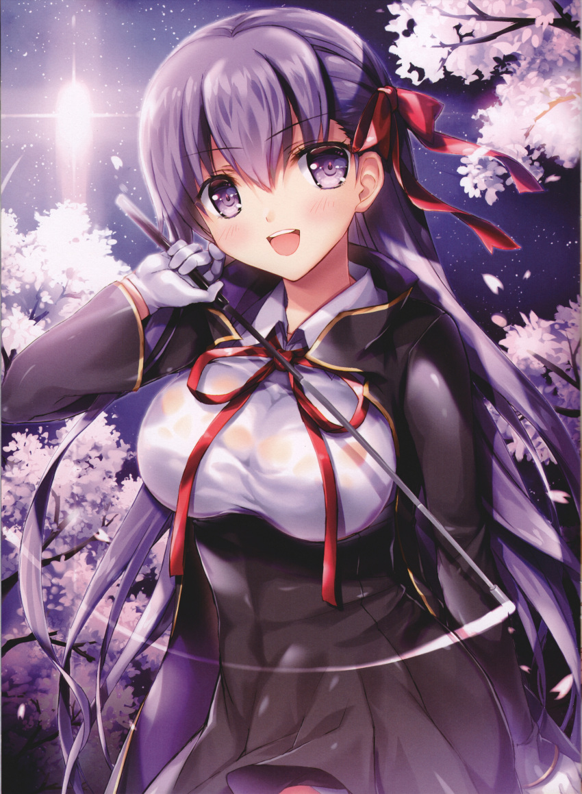 1girl absurdres bangs bb_(fate)_(all) blush bow breasts cherry_blossoms dress eyebrows_visible_through_hair fate/extra fate/extra_ccc fate/grand_order fate_(series) fukase_ayaka gloves hair_bow highres holding large_breasts long_sleeves night night_sky open_mouth outdoors purple_hair red_bow scan shiny shiny_hair short_dress sky smile solo star_(sky) starry_sky tree tree_branch violet_eyes white_gloves