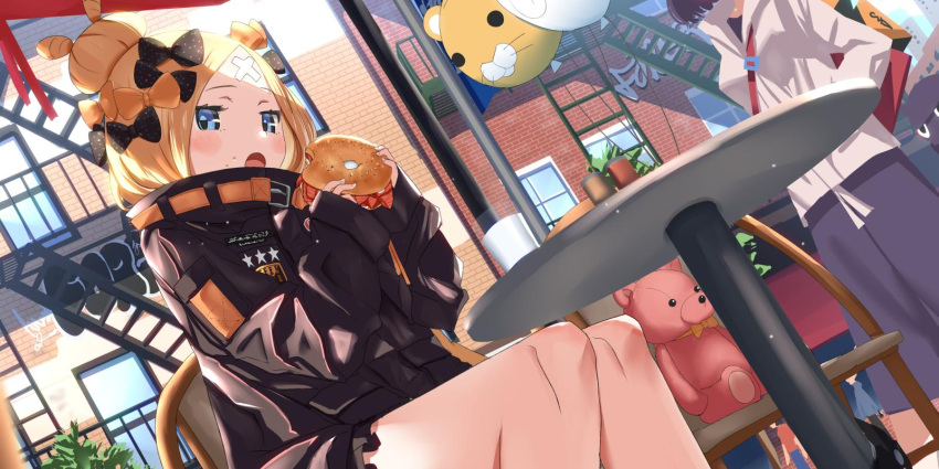 2girls abigail_williams_(fate/grand_order) backpack bag balloon black_bow black_hair blonde_hair blue_eyes bow building chair crossed_bandaids eating fate/grand_order fate_(series) food food_on_face glass_bottle heroic_spirit_traveling_outfit highres holding holding_food jacket katsushika_hokusai_(fate/grand_order) multiple_girls open_mouth orange_bow polka_dot polka_dot_bow stuffed_animal stuffed_toy table teddy_bear tied_hair tokitarou_(fate/grand_order) tsuuhan