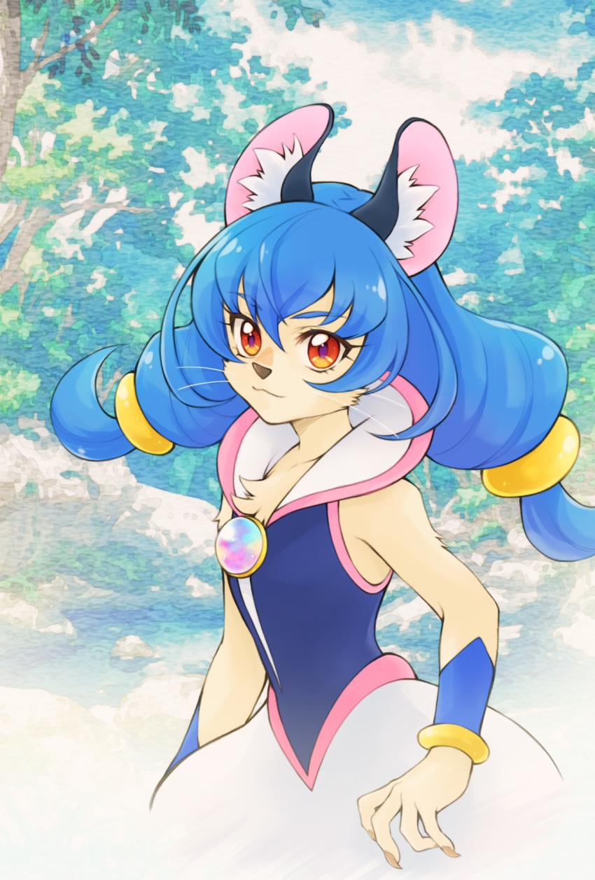 1girl :3 aizen_(syoshiyuki) animal_ears blue_hair brooch brown_eyes cat_ears cowboy_shot furry highres jewelry long_hair looking_at_viewer low-tied_long_hair precure skirt smile solo star_twinkle_precure tree twintails whiskers white_skirt wrist_cuffs yuni_(precure)