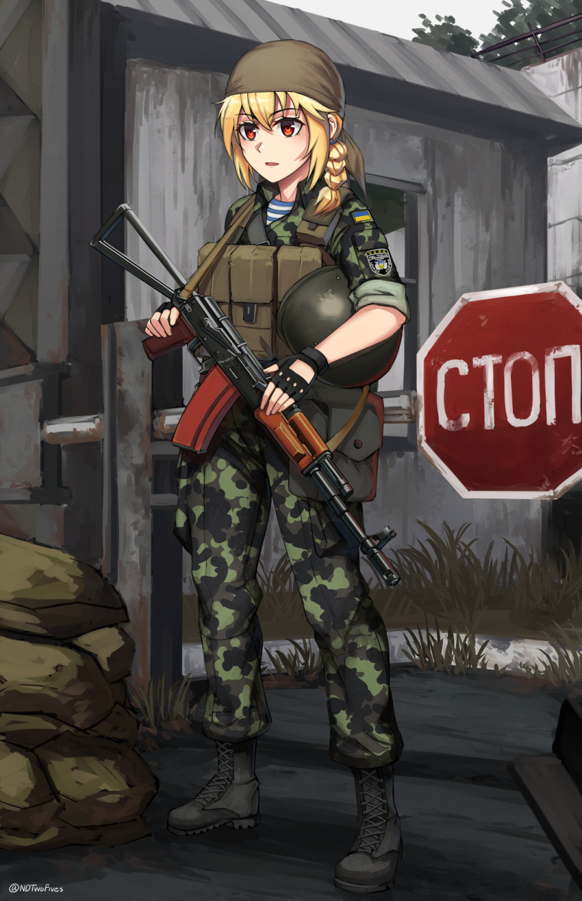 1girl absurdres aks-74 bandana bangs black_footwear black_gloves blonde_hair boots braid building camouflage camouflage_jacket camouflage_pants commentary cross-laced_footwear day english_commentary eyebrows_visible_through_hair fingerless_gloves fingernails full_body gloves gun hair_between_eyes headwear_removed helmet helmet_removed highres holding holding_gun holding_weapon lace-up_boots ndtwofives outdoors pants parted_lips red_eyes russian_text side_braid sign single_braid solo stalker_(game) standing stop_sign striped twitter_username ukrainian_flag weapon